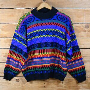VTG 90s Jessica Roberts Acrylic Knit Aztec Print Multicolor Crew Neck Sweater